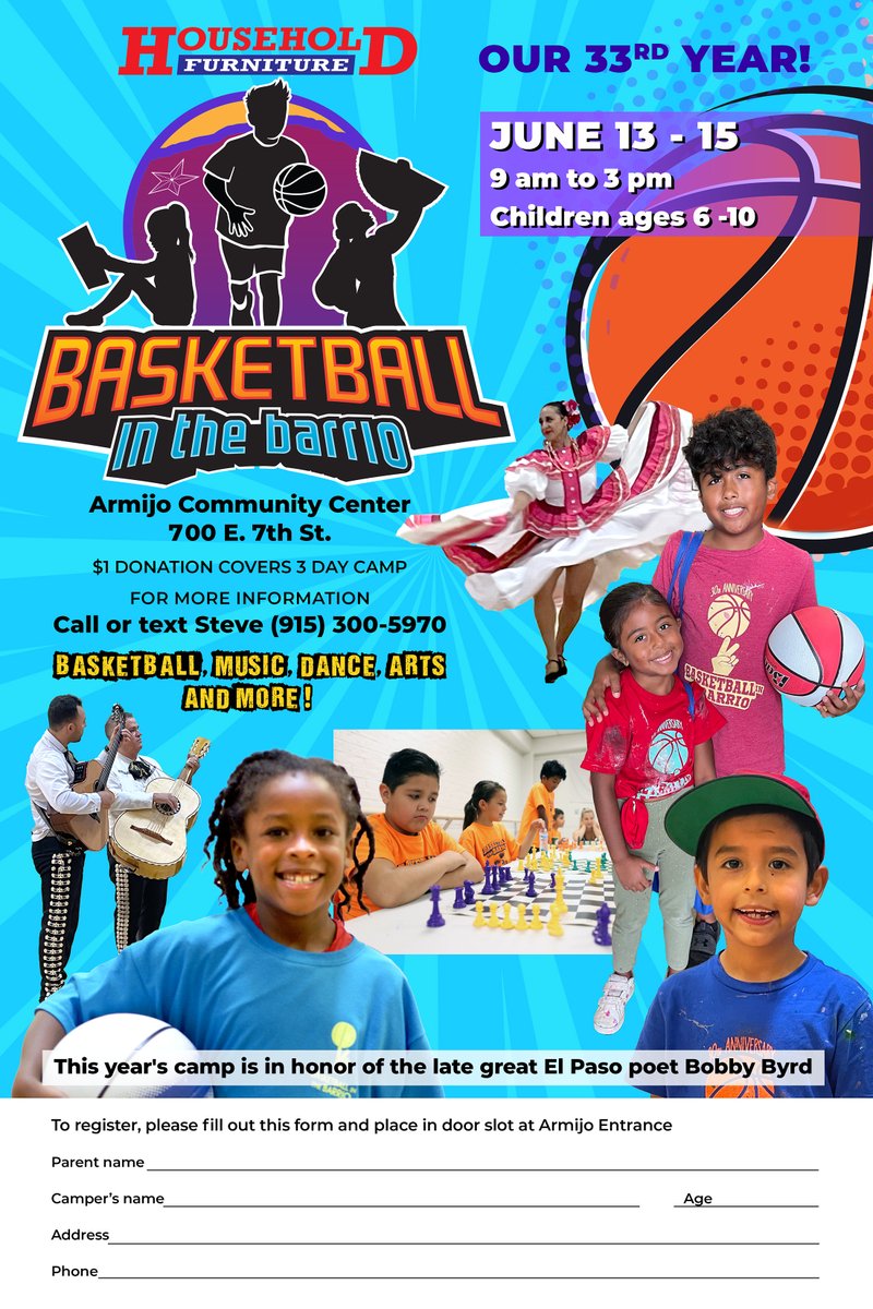 June 13-15 this year! One dollar, as always. Please share this registration form for Basketball in the Barrio!  Thanks.   <a href="/elpasomatters/">El Paso Matters</a> <a href="/elpasotimes/">El Paso Times</a> <a href="/ElPasoCounty/">El Paso County</a> <a href="/Fchavezeptimes/">Felix Chavez</a> <a href="/ColinDeaver_/">Colin Deaver</a> <a href="/stevekaplowitz/">Steve Kaplowitz</a>