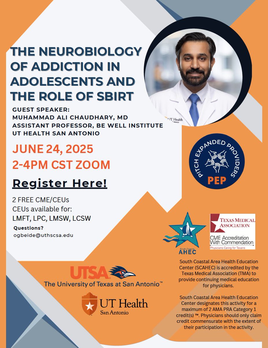 M. Ali Chaudhary, MD π (@aalichaudhary) on Twitter photo Mental health professionals & primary care clinicians:
If youβre interested in expanding ur skills in addiction careβespecially for adolescents & young adultsβjoin us for a free training focused on evidence-based approaches to support this population.
education.utsa.edu/events/2025/06β¦ Mental health professionals & primary care clinicians:
If youβre interested in expanding ur skills in addiction careβespecially for adolescents & young adultsβjoin us for a free training focused on evidence-based approaches to support this population.
education.utsa.edu/events/2025/06β¦