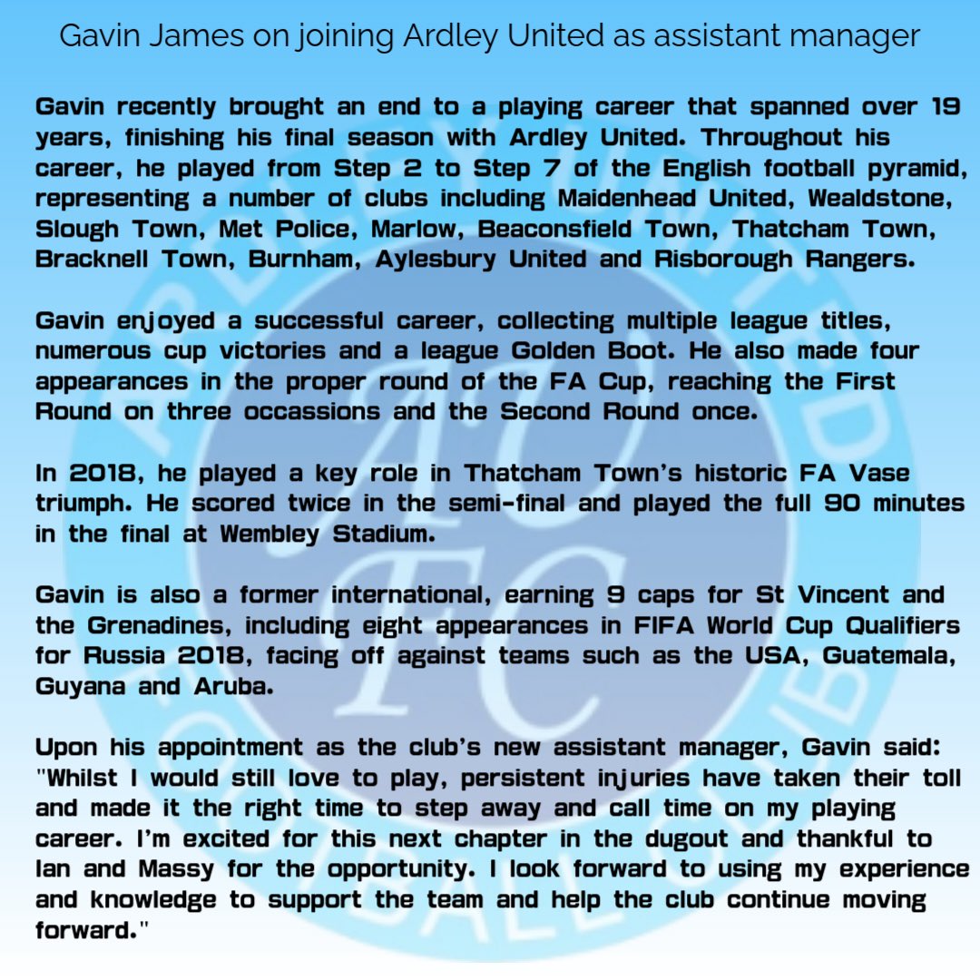 Ardley United FC (@ardleyunitedfc) on Twitter photo Ardley United are delighted to announce that Gavin James has joined Mark Massingham’s management team as the assistant manager
Enjoy the new role, Gavin 🤝
<a href="/_GavinJames/">Gavin James</a> Ardley United are delighted to announce that Gavin James has joined Mark Massingham’s management team as the assistant manager
Enjoy the new role, Gavin 🤝
<a href="/_GavinJames/">Gavin James</a>