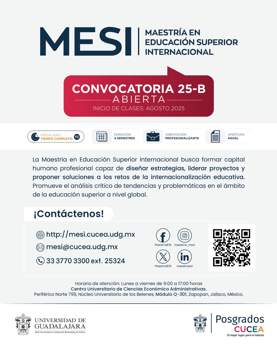 🌟 ¿Para qué estudiar un posgrado?
Para crecer, liderar el cambio educativo y conectar con el entorno global.

👉 Conoce más sobre este programa: Maestría en Educación Superior Internacional 
🔗 mesi.cucea.udg.mx

#PosgradosCUCEA
#DecisionesQueTransforman