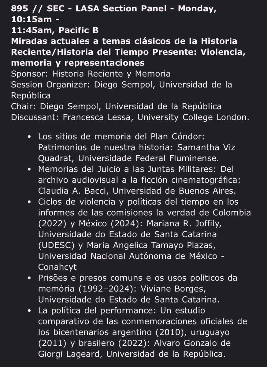 LASAHISTORIA's tweet image. 🚨 
Se acerca la fecha del Congreso de @LASACONGRESS 2025 en San Francisco (híbrido), y queremos compartir las actividades de la Sección Historia Reciente y Memoria. 

El programa completo ya está disponible 👉 lasaweb.org/en/lasa2025/fi…