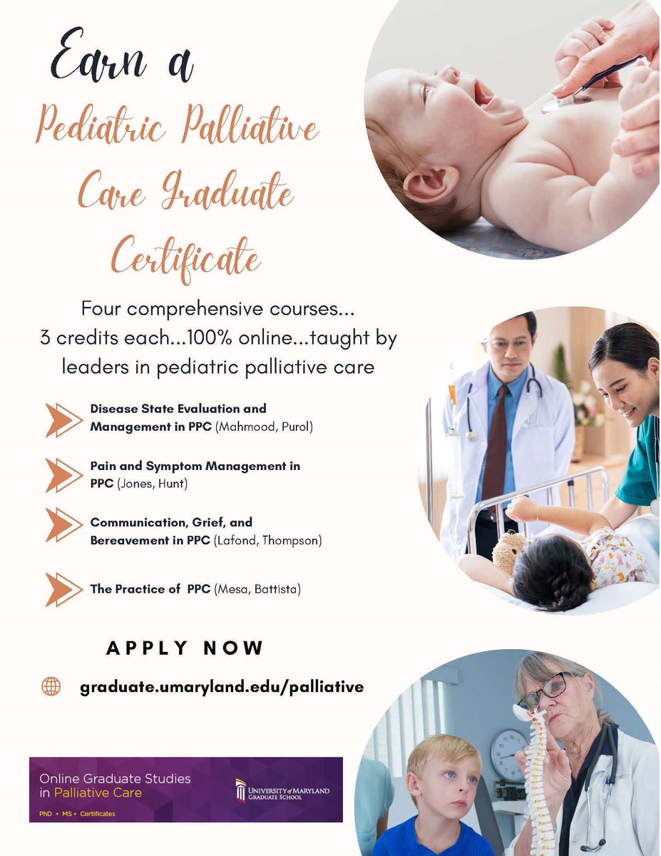 Every hospice and palliative care practitioner should possess core knowledge of caring for seriously ill pediatric patients.

Consider earning a Grad Cert in Pediatric PC, or complete the MS, and earn the pediatric cert as part of the degree graduate.umaryland.edu/palliative/
#Pediatrics