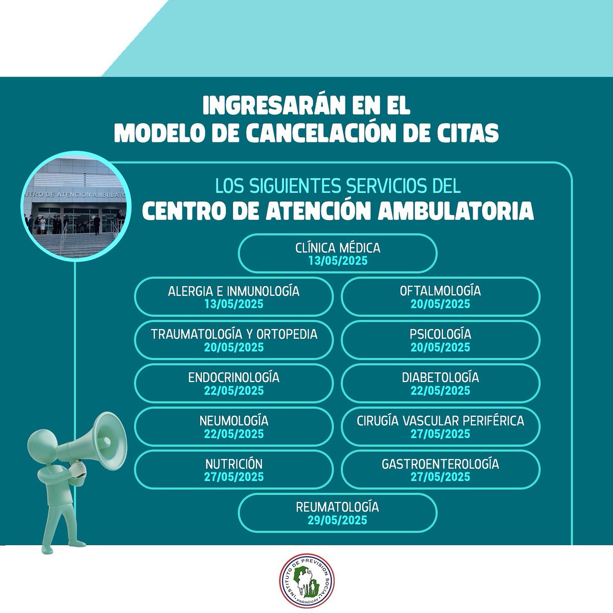 ¡Atención! ⚠️
Informamos que las siguientes especialidades ingresarán al modelo de cancelación de citas, con el objetivo de optimizar la atención y mejorar la disponibilidad de turnos para todos los asegurados ✅.