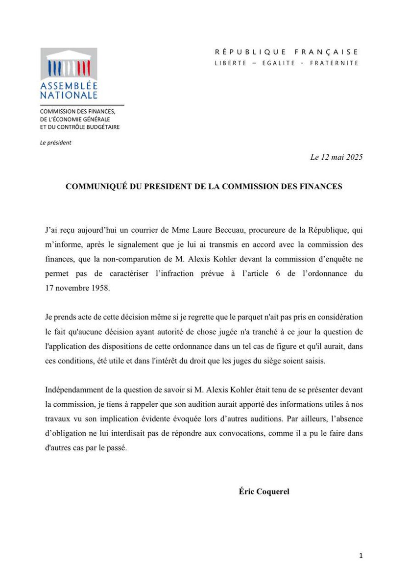 J’ai reçu aujourd’hui la réponse de la procureure de la République concernant la non-comparution de M. Alexis Kohler devant la commission d’enquête.
 
Je prends acte de sa décision. Il aurait été utile que les juges du siège soient saisis et que cette audition se fasse. 

Mon