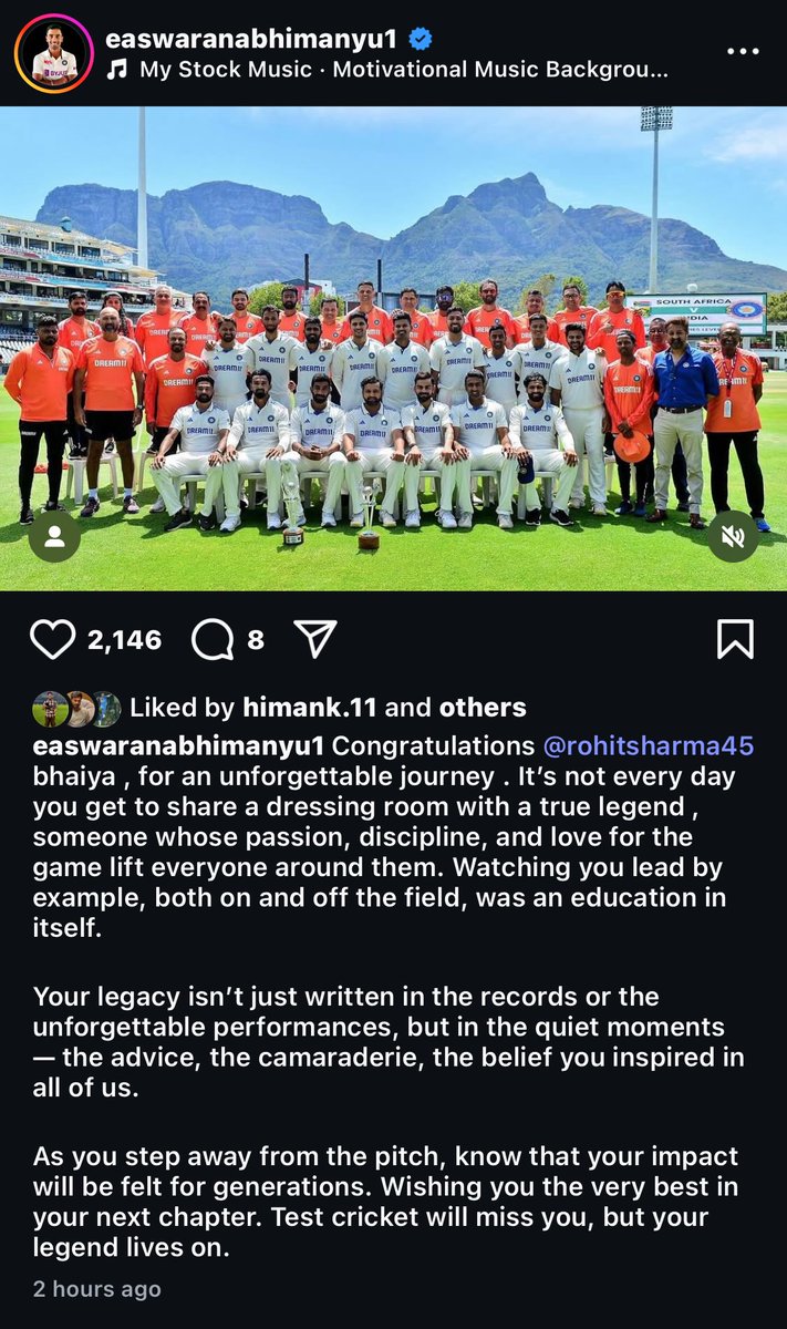 Abhimanyu Easwaran Instagram post for Rohit Sharma on his test retirement.🤍🥺