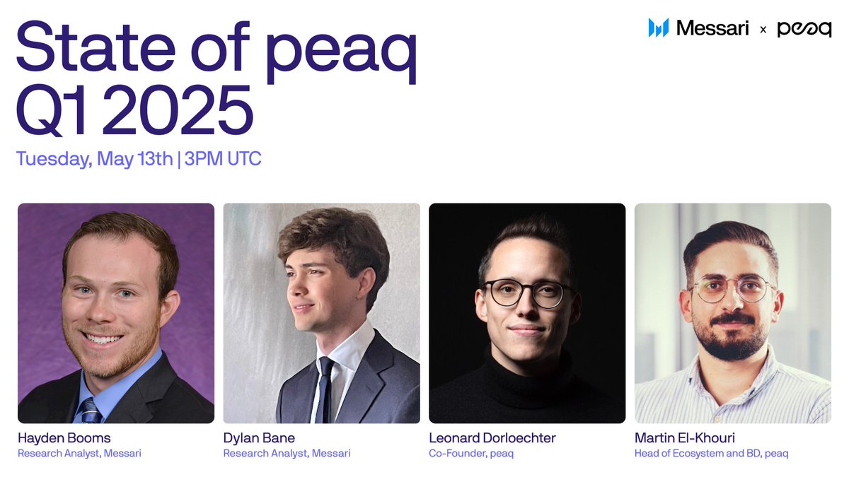 Join peaq &amp; <a href="/MessariCrypto/">Messari</a> for a deep dive into the Q1 of the Machine Economy

→ Tuesday, May 13
→ 3pm UTC
→ RSVP: x.com/i/spaces/1RDGl…

Drop your questions below ⬇️
