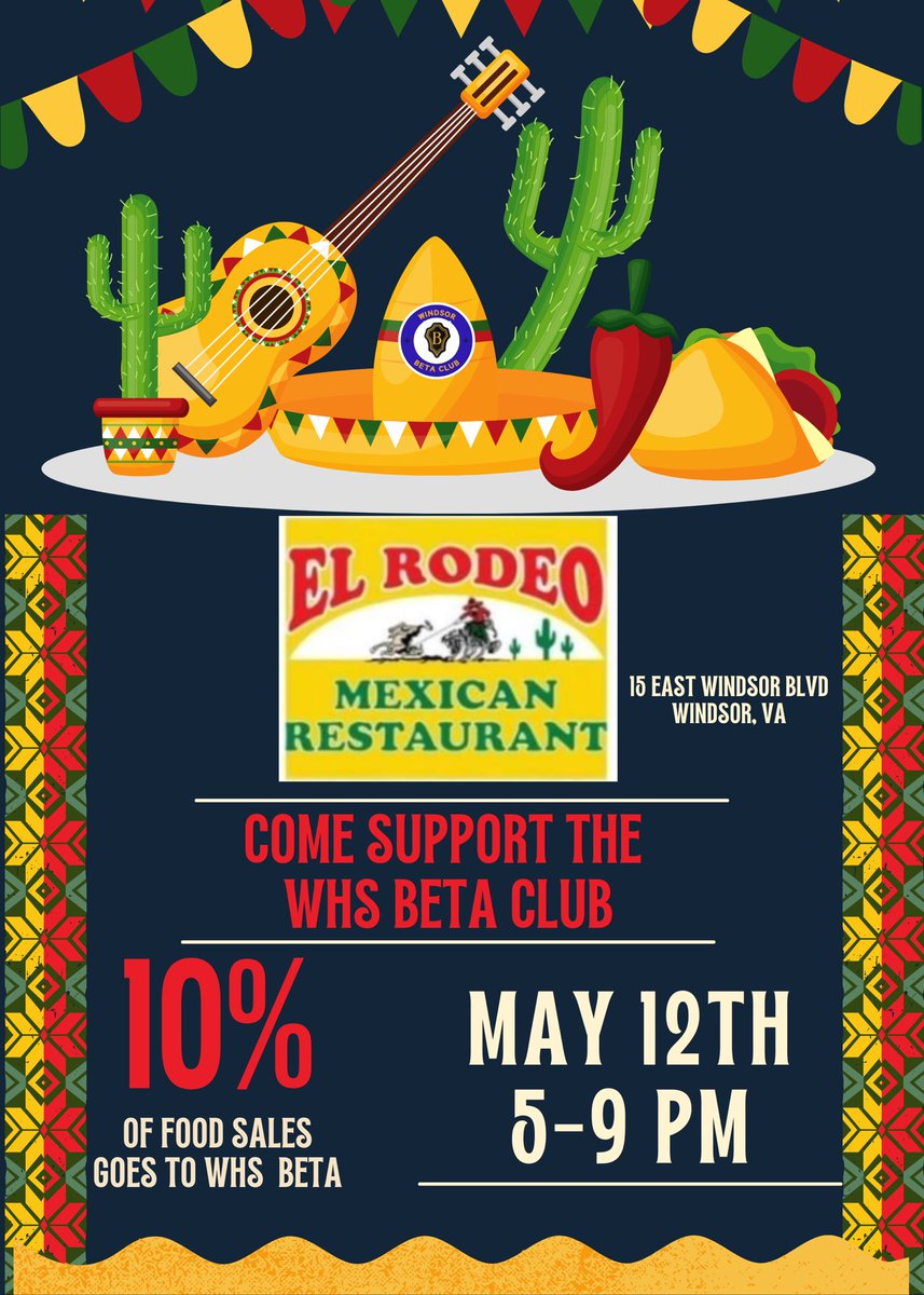 🌮💙💛  TACOS FOR A CAUSE! 

Please come and enjoy dinner tonight at El Rodeo in Windsor  from 5-8pm TONIGHT-and  support BETA’s last fundraiser for this school year! 

🌮💙💛CARRY OUT ORDERS COUNT TOO!