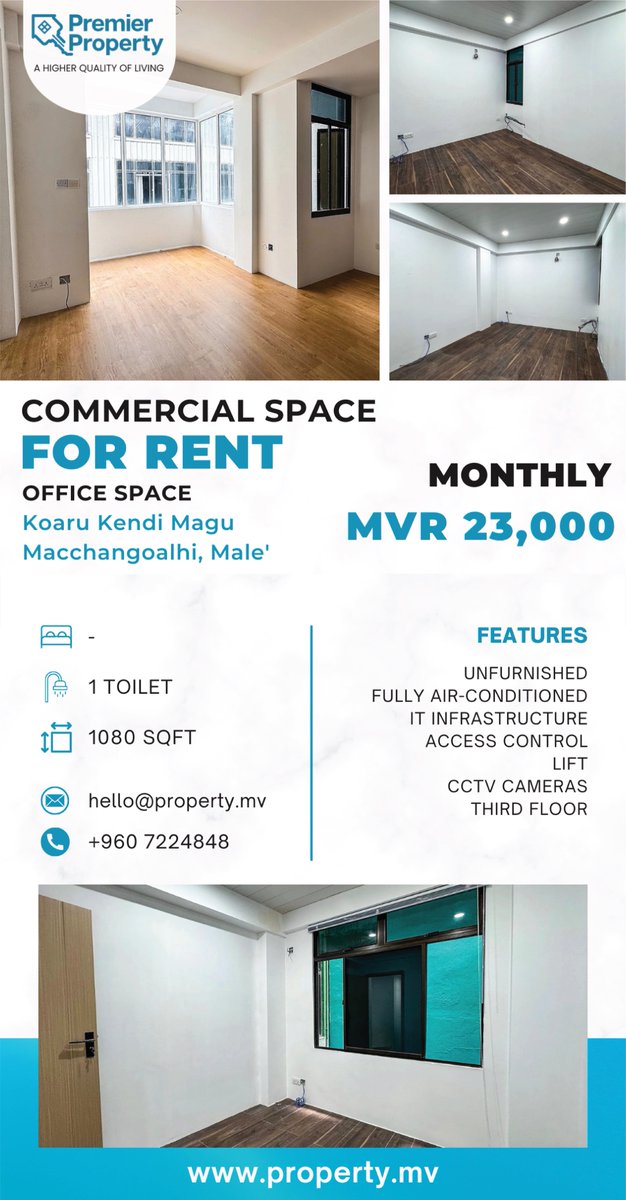 🏢 Commercial Space in Koaru Kendi Magu, Macchangoalhi, Male’.

Floor Area: 1080 sqft
Rent: MVR 23,000/Month
Security Deposit: 2 months

Lease Term: Minimum of 2 years

Located close to Maaveyo Mosque in the Macchangoalhi district, this new well ventilated third floor space is