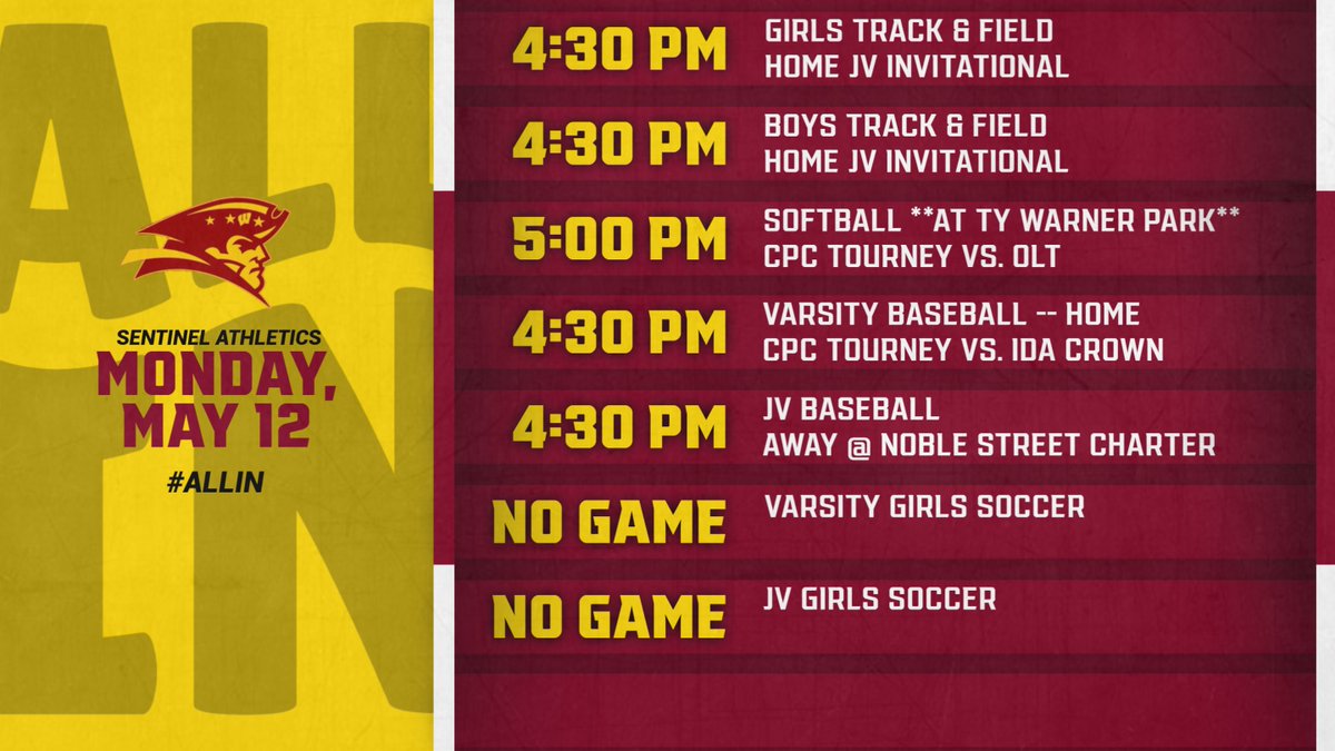 A busy afternoon for the Sentinels! 

NOTE: Today's softball game is played at TY WARNER PARK - not at WHS.

Good luck Sentinels!