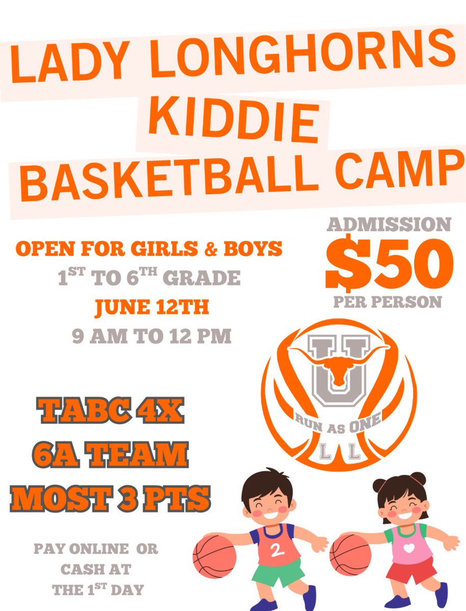United Lady Longhorns Basketball (@uhsladyhornbb) on Twitter photo 🚨SUMMER CAMPS🚨
Our summer basketball camps are right around the corner. We have a camp for incoming girls 7th to 9th from June 9th to 11th and a camp for both boys and girls 1st to 6th grade on June 12th.
You may pay online, cash, or check
Questions istuexi@uisd.net 🚨SUMMER CAMPS🚨
Our summer basketball camps are right around the corner. We have a camp for incoming girls 7th to 9th from June 9th to 11th and a camp for both boys and girls 1st to 6th grade on June 12th.
You may pay online, cash, or check
Questions istuexi@uisd.net