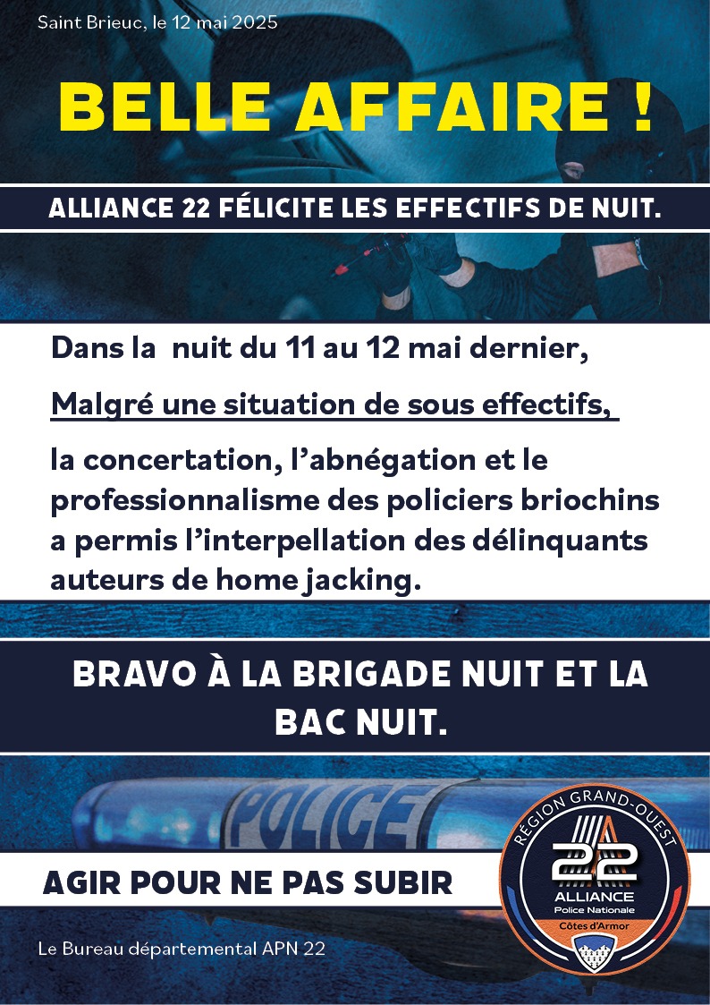 👏🏻👏🏻 #saintbrieuc encore une belle affaire des Policiers. Malgré des moyens en baisse, les briochins peuvent être fiers de leur Police. #alliancepolice #belleaffaire