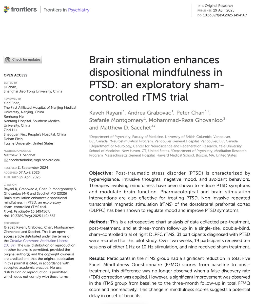 MatthewSacchet's tweet image. Does brain stimulation increase levels of mindfulness in PTSD?
Our new study, published in Frontiers in Psychiatry, offers preliminary evidence that repeated transcranial magnetic stimulation (rTMS) can enhance dispositional (trait) mindfulness in individuals with post-traumatic…