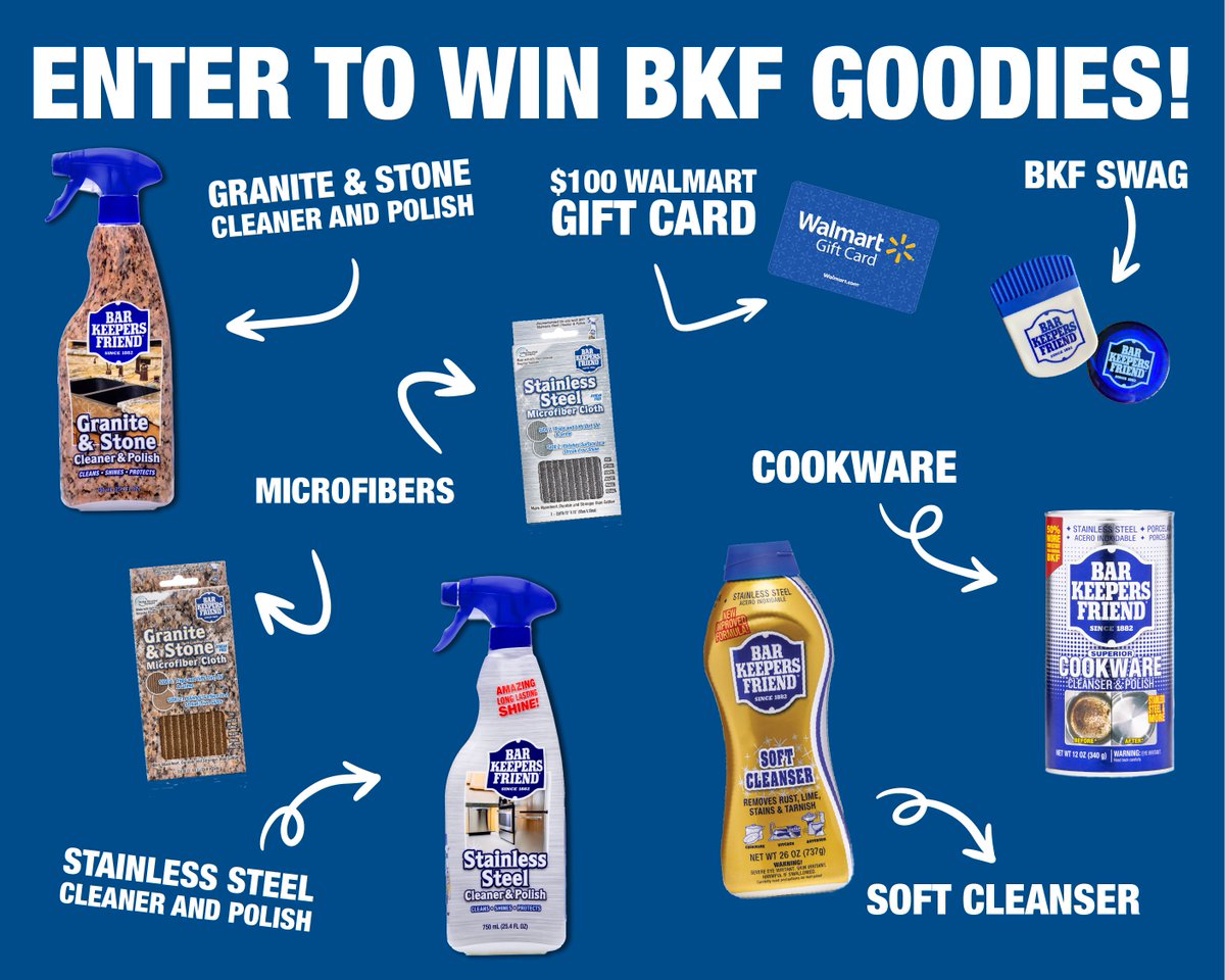 barkeeperfriend's tweet photo. There's still time to enter our BIGGEST GIVEAWAY YET! 🚨

To celebrate the arrival of our Granite &amp; Stone and Stainless Steel Cleaners at Walmart, we're sending ONE LUCKY WINNER a BKF care package, including products, swag, and a $100 WALMART GIFT CARD! 😱
https://t.co/6aW5On5WDv https://t.co/X1fqy0VWrH