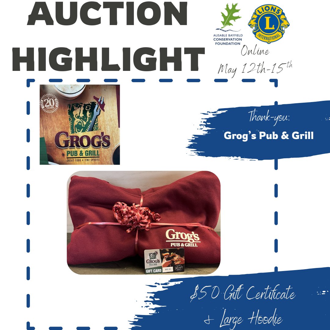 Keep the bids coming in support of the community! Enjoy dinner out with $50 gift card to Grog's Pub and Grill, along with pullover hoodie (size large). Courtesy Grog's Pub &amp; Grill, Northville. Check out this &amp; other amazing items in the auction, live now: zeffy.com/ticketing/35th…
