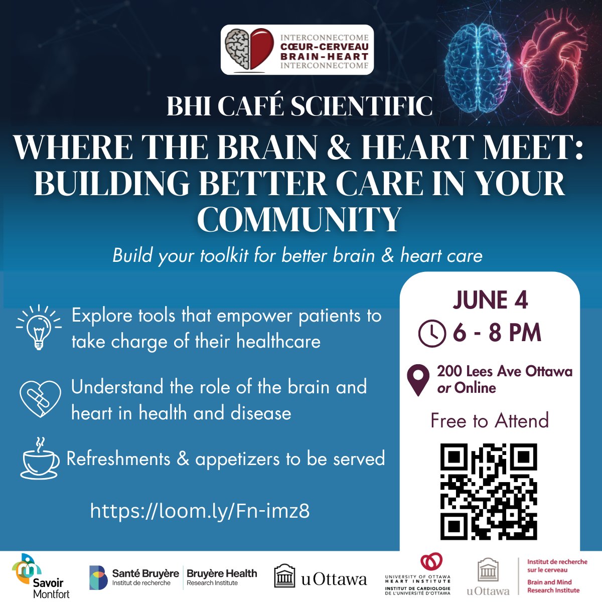 ☕Join us at the next BHI Café Scientific to explore how research is changing the way we approach brain and heart health! 
June 4, 2025, 6-8pm EST. 200 Lees Ave, Ottawa or Online. Free to Attend - loom.ly/Fn-imz8