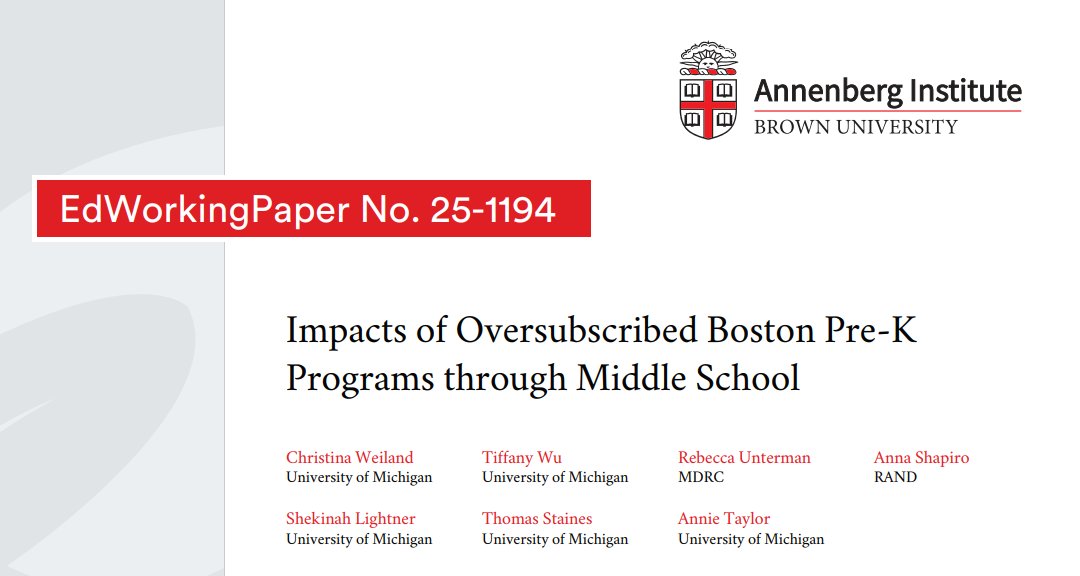 MDRC (@mdrc_news) on Twitter photo New paper describes positive effects of Boston #PreK program on students' performance thru middle school.
A collaboration of <a href="/BostonSchools/">BostonPublicSchools</a>, <a href="/UMichEducation/">U-M Marsal Family School of Education</a>, MDRC, and <a href="/RANDCorporation/">RAND</a> with funding from <a href="/IESResearch/">IES Research</a>
via <a href="/AnnenbergInst/">Annenberg Institute at Brown</a> edworkingpapers.com/sites/default/… New paper describes positive effects of Boston #PreK program on students' performance thru middle school.
A collaboration of <a href="/BostonSchools/">BostonPublicSchools</a>, <a href="/UMichEducation/">U-M Marsal Family School of Education</a>, MDRC, and <a href="/RANDCorporation/">RAND</a> with funding from <a href="/IESResearch/">IES Research</a>
via <a href="/AnnenbergInst/">Annenberg Institute at Brown</a> edworkingpapers.com/sites/default/…