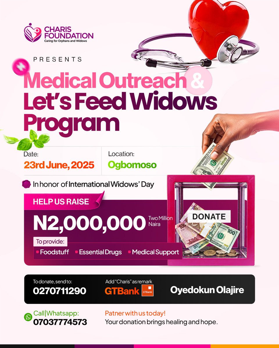 OlajireOyedokun's tweet photo. We are on a mission to raise 2 million naira to bring healing and food to widows in Ogbomoso.
Let’s do this together. #MedicalOutreach #HopeForWidows #GiveBack #DonateToday #SupportWidows #FundraisingForGood #SocialImpact #ActOfKindness https://t.co/SFAF1GiMJF