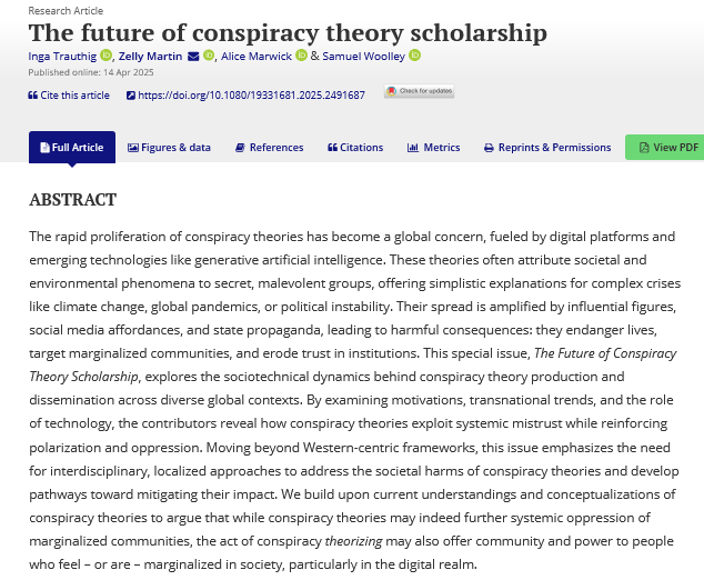 Journal of Information Technology & Politics (@jitp_apsa) on Twitter photo Looking at motivations & technical dynamics in diverse global contexts, this special issue explores how conspiracy theorizing furthers oppression for some & empowers others in the face of increasingly complex realities.
<a href="/inga_kris/">Inga Kristina Trauthig</a> <a href="/zellycmartin/">Zelly C Martin</a> <a href="/alicetiara/">alice e. marwick</a>
tandfonline.com/doi/full/10.10… Looking at motivations & technical dynamics in diverse global contexts, this special issue explores how conspiracy theorizing furthers oppression for some & empowers others in the face of increasingly complex realities.
<a href="/inga_kris/">Inga Kristina Trauthig</a> <a href="/zellycmartin/">Zelly C Martin</a> <a href="/alicetiara/">alice e. marwick</a>
tandfonline.com/doi/full/10.10…