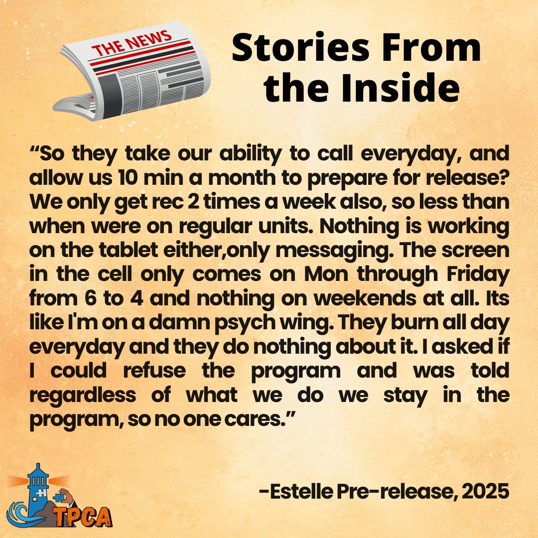TPCA_org's tweet image. 📢 Stories From the Inside
“I asked if I could refuse the program and was told, regardless of what we do, we stay in the program, so no one cares.”

#TPCA #StoriesFromTheInside #PrisonReform #EndSolitary #JusticeMatters
