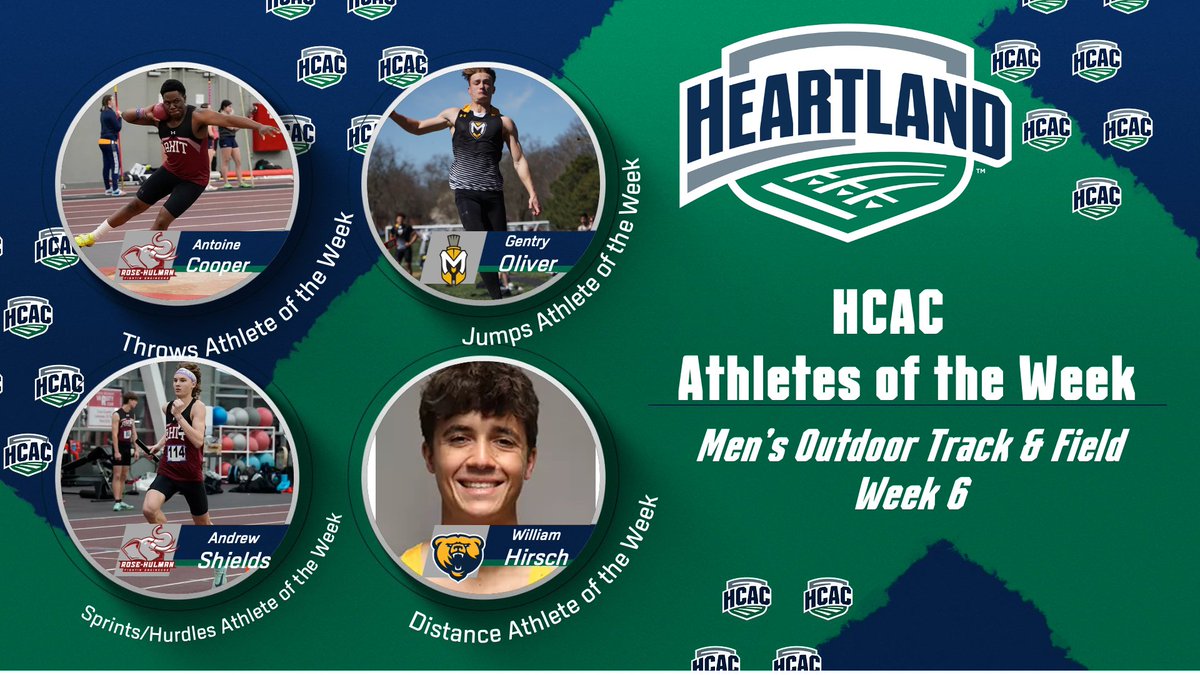 Heartland Collegiate Athletic Conference (@hcacdiii) on Twitter photo HCAC Men's Outdoor Track & Field | Athletes of the Week
Congrats!
Throws: A. Cooper, @RHITsports
Jumps: G. Oliver, <a href="/MUSpartans/">Manchester University Athletics</a>
Sprints/Hurdles: A. Shields, @RHITsports
Distance: W. Hirsch, <a href="/FCGrizAthletics/">Franklin Grizzlies</a>
📰: tinyurl.com/y8e34znn
#TheHeartOfD3 | #D3TF HCAC Men's Outdoor Track & Field | Athletes of the Week
Congrats!
Throws: A. Cooper, @RHITsports
Jumps: G. Oliver, <a href="/MUSpartans/">Manchester University Athletics</a>
Sprints/Hurdles: A. Shields, @RHITsports
Distance: W. Hirsch, <a href="/FCGrizAthletics/">Franklin Grizzlies</a>
📰: tinyurl.com/y8e34znn
#TheHeartOfD3 | #D3TF