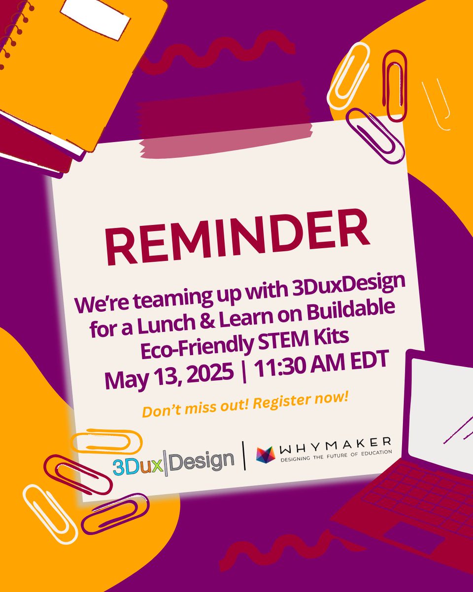 📢 Last chance to sign up!

Join the FREE 3DuxDesign x WhyMaker STEM webinar TOMORROW 🎉

💡 Hands-on STEM, sustainability &amp; design thinking

🎓 For CTE, STEM &amp; PBL educators

📅 Tuesday, May 13 | 11:30AM–12:30PM EDT

🔗 Register: pages.whymaker.com/product-spotli…

#STEMWebinar #TeacherPD