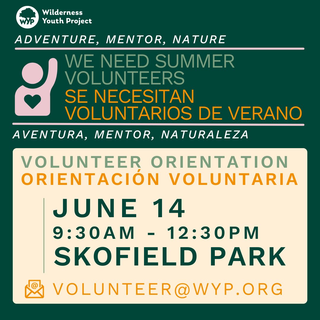 Join us for volunteer orientation on June 14 at Skofield Park. Email volunteer@wyp.org for more information. 🌿Únase a nosotros para la orientación de voluntarios el 14 de junio en Skofield Park. Envíe un correo electrónico a volunteer@wyp.org para más información.