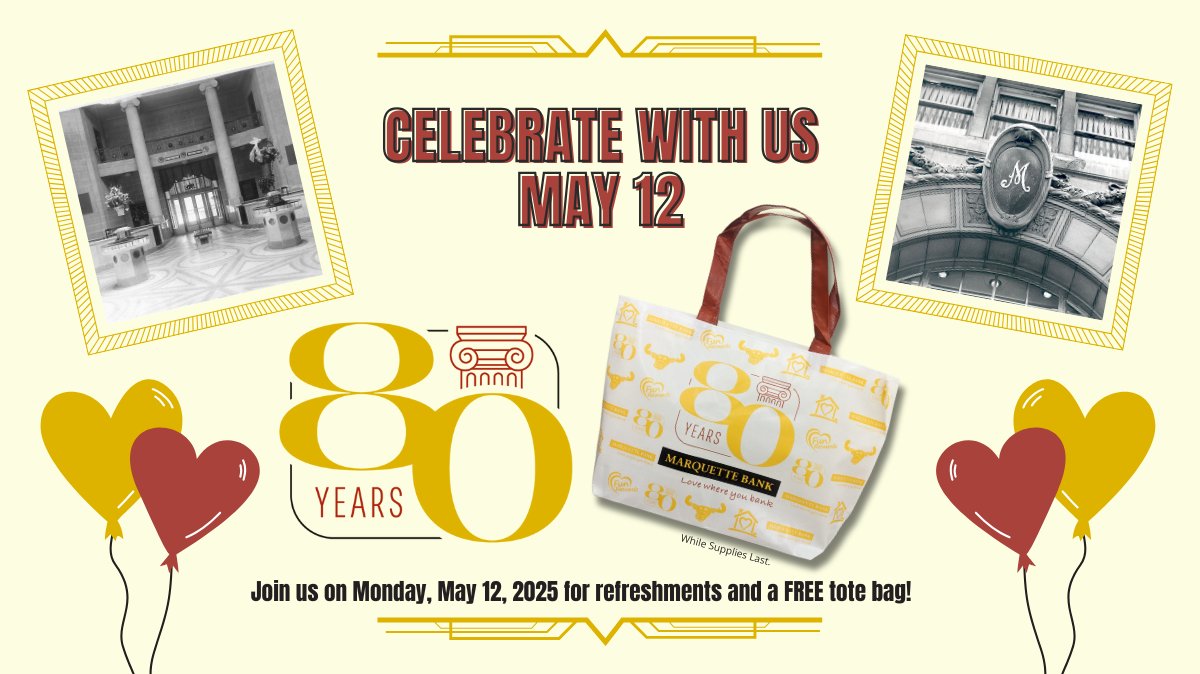 REMINDER: Celebrating 8️⃣0️⃣ Years with us today! 🎉 Get a FREE tote bag &amp; enjoy refreshments in the lobby. 😎 ❤️ While you're in let us tell you about what makes us different form the rest and why you'll Love Where You Bank when you bank with us! bit.ly/3GLSWVQ