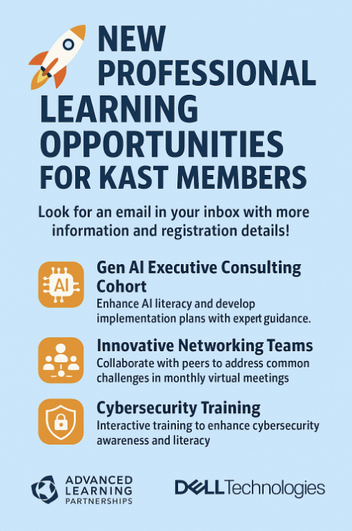 🚀We're thrilled to announce brand new, FREE professional learning opportunities designed exclusively for #KAST Members!
🌟 Boost your skills in Gen AI, networking, &amp; cybersecurity.
👀 Be on the lookout for an email coming soon explaining how to register!