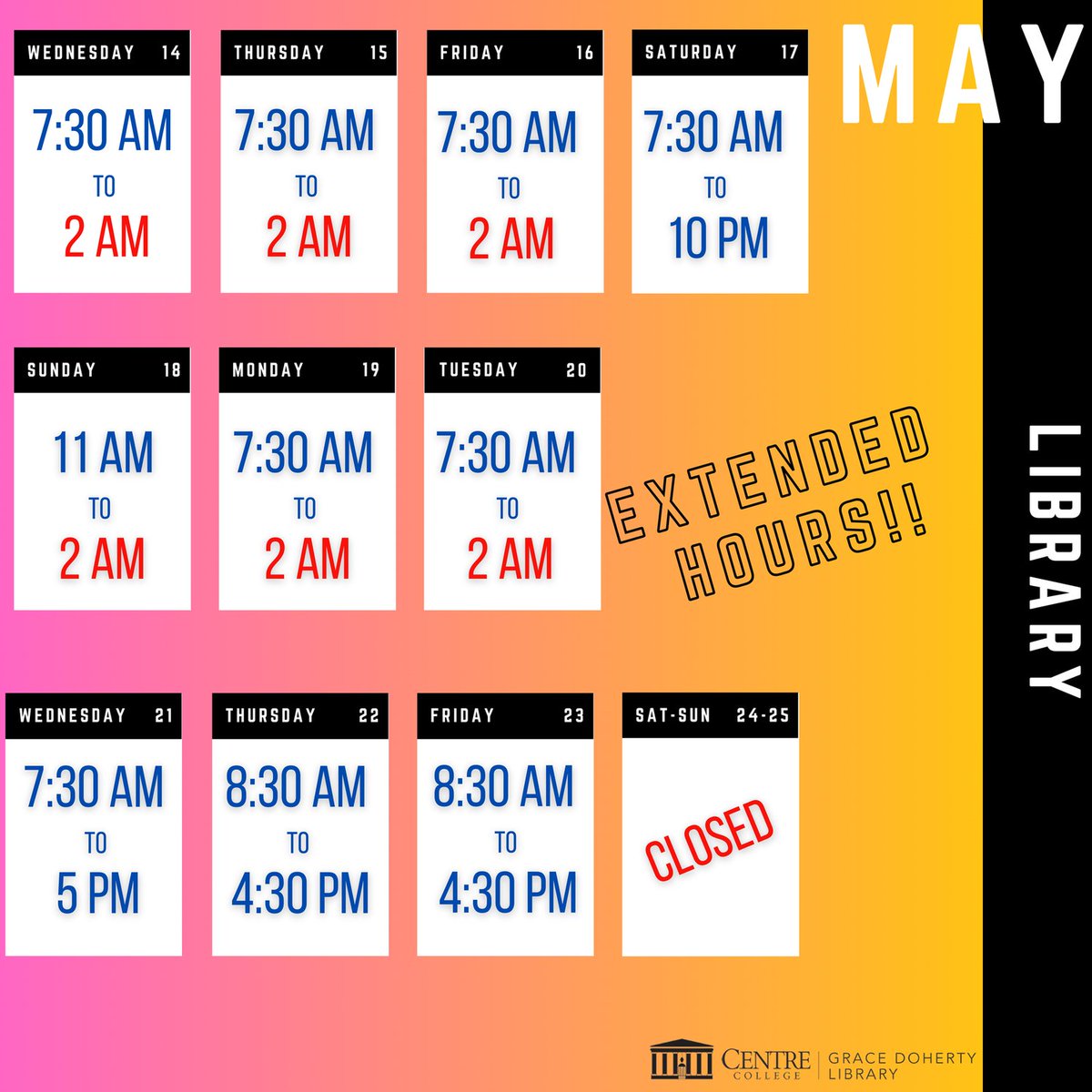 Spring Finals are coming soon! We are extending our hours starting Wednesday, May 14, and providing study break activities to aid students as they conclude their studies! Best of luck to all our students.