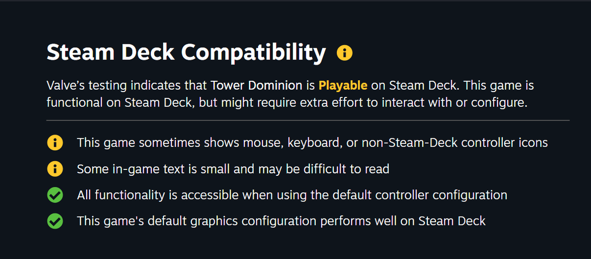 Good news! 🎉

Valve has officially approved Tower Dominion as Steam Deck-compatible. ✅

That means you can now play the full game smoothly on the go. No extra setup needed, just launch and play! 🚀

Let us know how it feels in handheld mode! 🎮
#TowerDominion #steamdeck #Steam