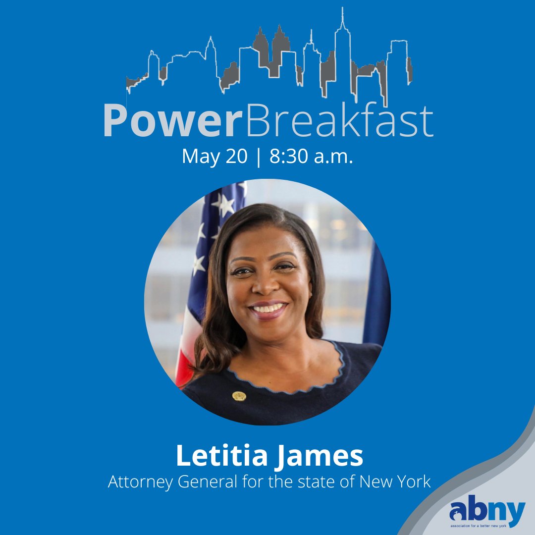 Join ABNY for a Power Breakfast with NY Attorney General Letitia “Tish” James on May 20. She'll share her priorities as New York State's chief legal officer. Doors open at 8:30 a.m., breakfast at 9:00 a.m. Get tickets here: ow.ly/TsC350VRbem