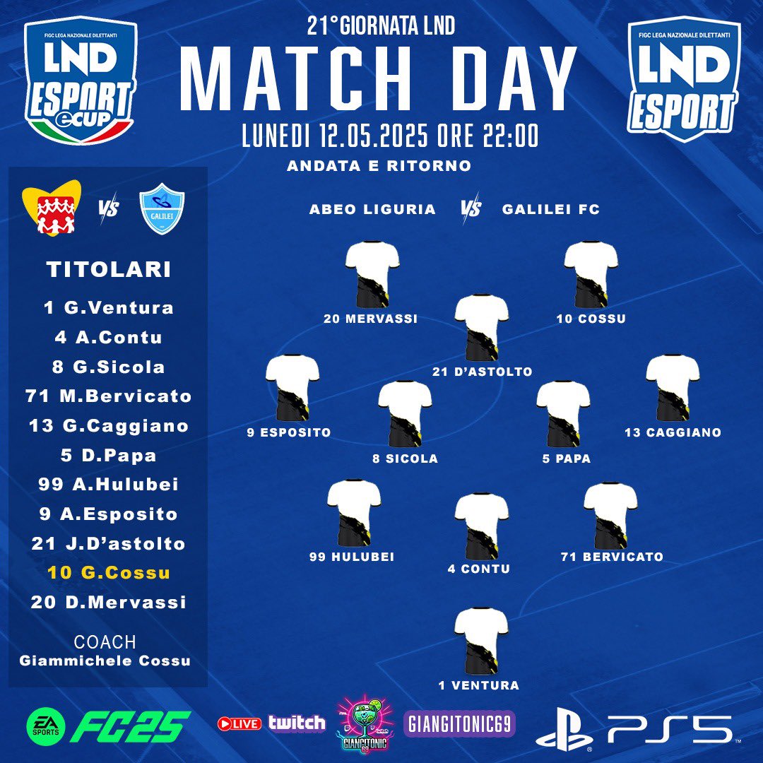 Formazione ufficiale per il match di stasera
Si scende in campo con fame e determinazione.
Live dalle 21:00 su Twitch, fischio d’inizio alle 22:00
#ProClub #MatchDay #EAFC25 #LNDESPORT #AbeoLiguriaODV #TwitchLive #EASports #FIFA25 #GameDay #CalcioVirtuale #VirtualFootball
