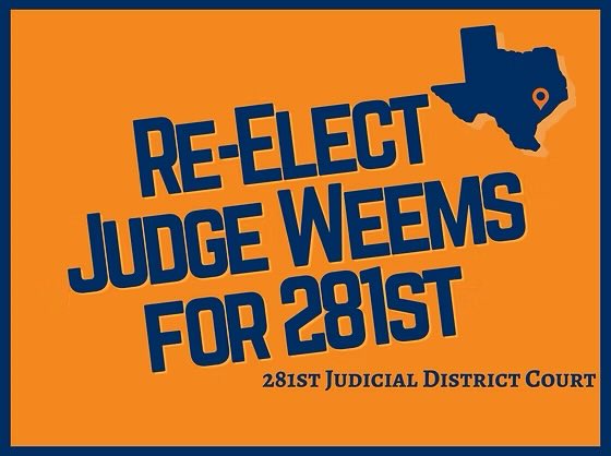 Excited to be running for re-election for the 281st Civil District Court!  For more information about my campaign, got to weemsforjudge.com!