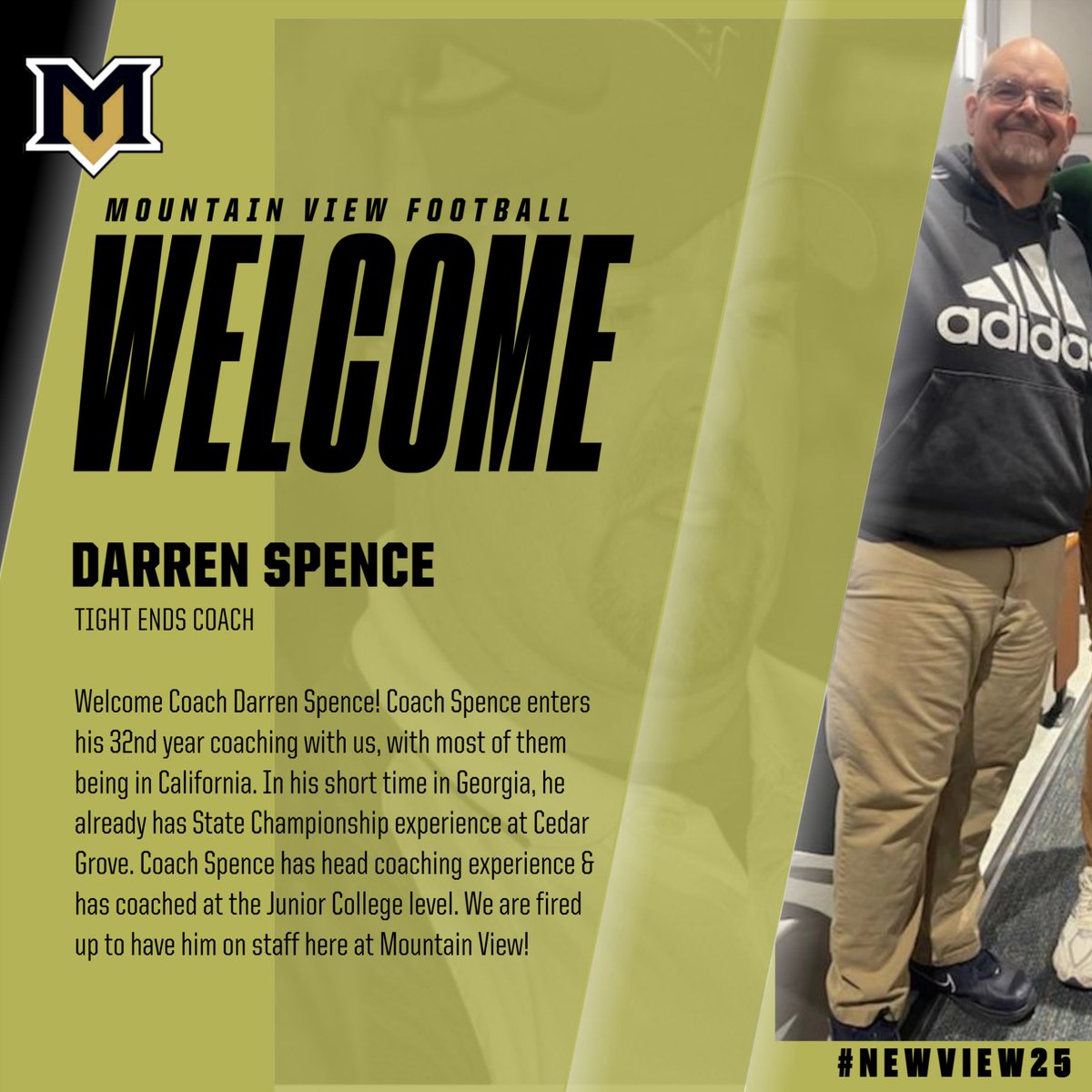Welcome Coach Darren Spence! Coach is in his 32nd year coaching, most of them being in California. In his short time in Georgia, he already has a Championship at Cedar He has head coaching experience &amp; has coached at JUCO. We are fired up to have him on staff here MV! #NewView25