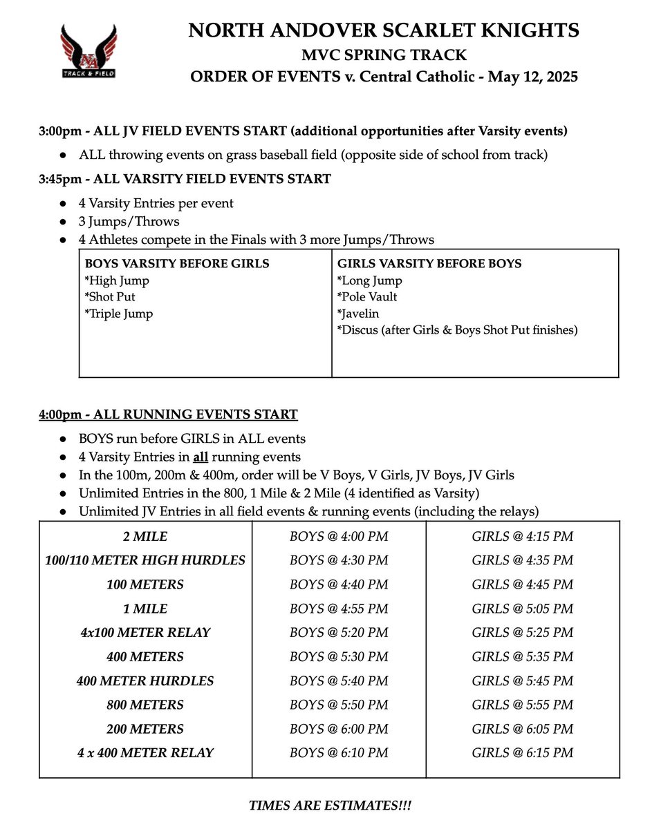 NAknightstrack's tweet image. MEET DAY - 5/12/25
Central Catholic @ North Andover
Live Results:
Girls bit.ly/NA-CC-G
Boys bit.ly/NA-CC-B
@GuarenteCoach @MrMeehanNAHS @NAMSTechLit @NorthAndoverXC @NAHS_DECA @NA_Athletics @DWillisET @MVcreature @EvanApplebaum2 @JamiePote @BurtTalksSports