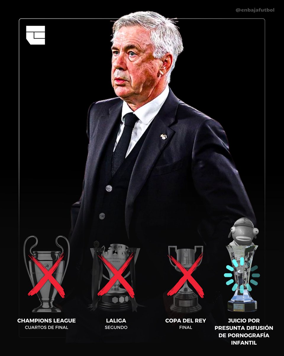 enbajafutbol's tweet photo. 😬❌ El Real Madrid ya solo puede ganar UNO de los CUATRO títulos a los que optaba a principio de temporada https://t.co/vEmg95Q4Gr