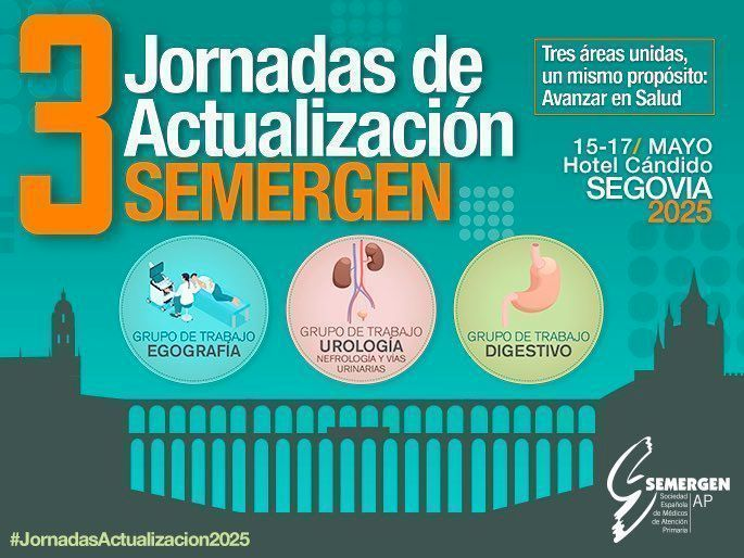 🟠3ª Jornadas de Actualización SEMERGEN promovidas por <a href="/GTEcoSemergen/">Grupo Trabajo Ecografía Semergen #GTEcoSemergen</a> <a href="/gastroprimaria/">GastroprimariaSemergen</a> y <a href="/GTNefroUro/">GT Nefrourologia SEMERGEN</a> Se celebran en el📍 Hotel Cándido de Segovia los días 📅 15-17 de mayo de 2025 Abordaremos temas de ecografía, digestivo y nefrourología en Atención Primaria.
👉Últimos días para