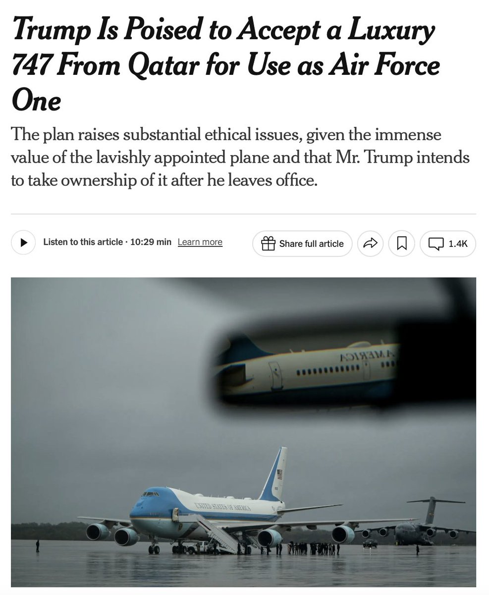 Nothing says corruption like accepting a $400 million plane from a foreign government and calling it a “gift”.