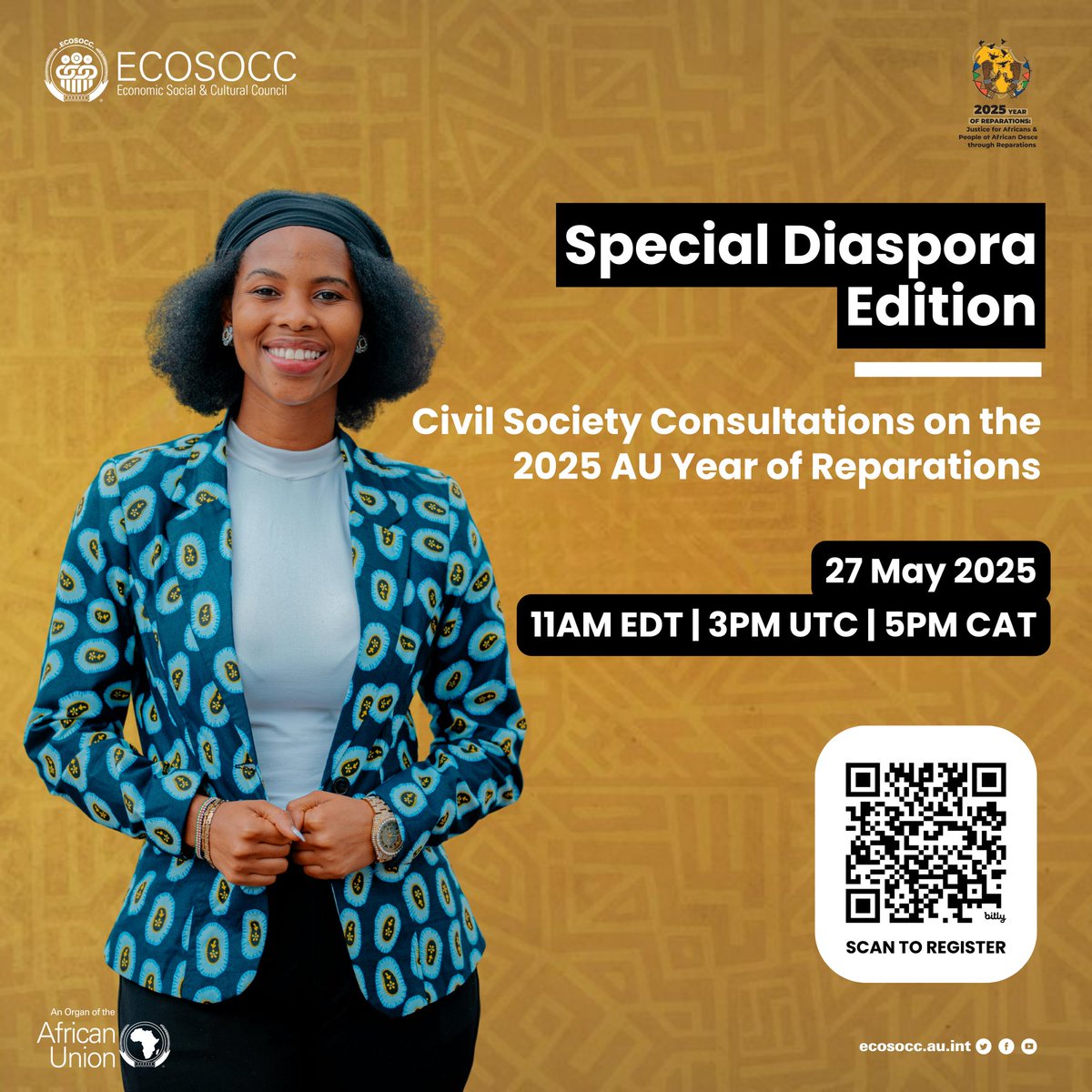 📢 By popular demand, we're hosting a special 5th virtual consultation on the <a href="/_AfricanUnion/">African Union</a> Year of Reparations exclusively for the Diaspora!

🗓️ 27 May 2025
🕚 11AM EDT | 3PM UTC | 5PM CAT
🔗 Register here: bit.ly/4mdjCyZ

🎤 Got something to share?
𝐒𝐮𝐛𝐦𝐢𝐭