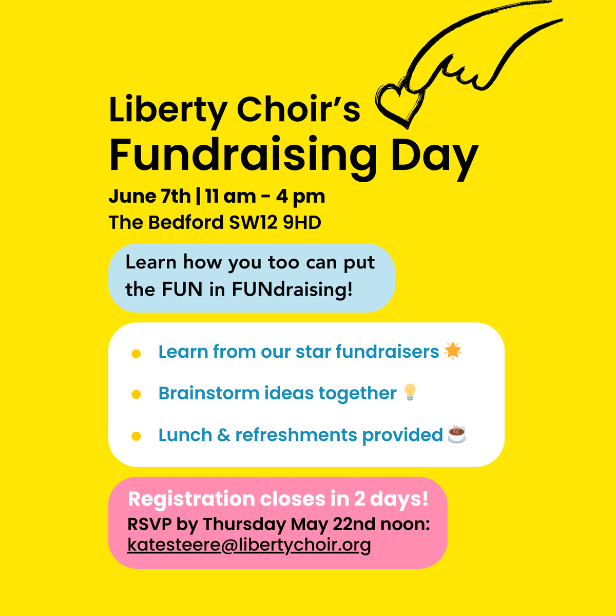 libertychoiruk's tweet image. You don’t need to already have an idea to attend our fundraising workshop!
Find out how you can put the fun into FUNdraising on June 7th at @TheBedfordPub 💡 Registration closes in TWO DAYS - make sure you send in your RSVPs to katesteere@libertychoir.org by Thursday!
