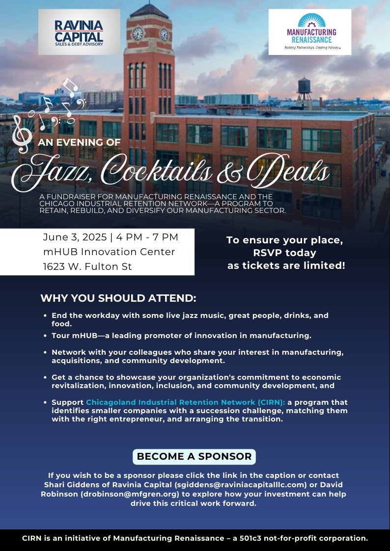 Join us for Jazz, Cocktails &amp; Deals on June 3 at mHUB Chicago.

Live music, networking, cocktails, and support for small business succession.

Location: mHUB, 1623 W. Fulton | Time: 4–7PM

RSVP: tinyurl.com/2j234jz3
Sponsorship: mfgren.org/sponsorships/

#CIRN #Manufacturing