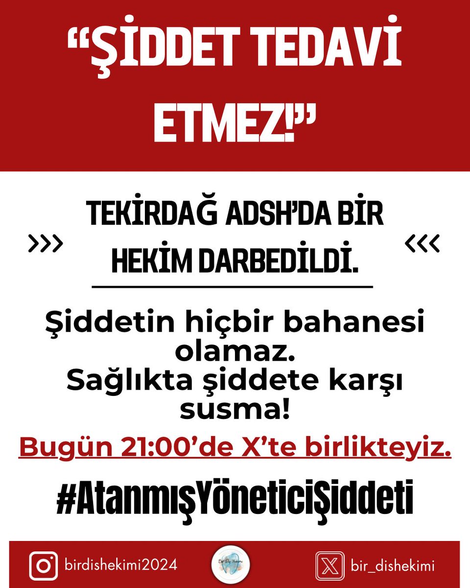 Sağlıkta şiddetin hiçbir bahanesi olamaz .
Sağlıkta şiddete susma!

<a href="/drmemisoglu/">Prof. Dr. Kemal Memişoğlu</a>
<a href="/saglikbakanligi/">T.C. Sağlık Bakanlığı</a>
<a href="/tekirdaggovtr/">TC Tekirdağ Valiliği</a>
@tekirdagADSH
#AtanmışYöneticiŞiddeti