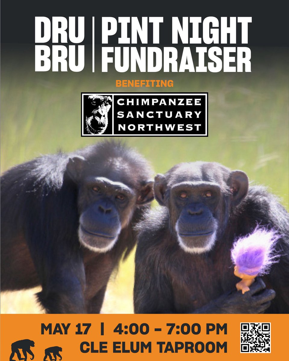 This Saturday there is fundraiser for Chimpanzee Sanctuary Northwest at the Dru Bru in Cle Elum! 
$1.00 for every pint &amp; mug + $4 for every pitcher sold during the event will be donated to CSNW.
Buy a ticket to win one of several gift baskets! Raffle drawings at 6:30 pm.