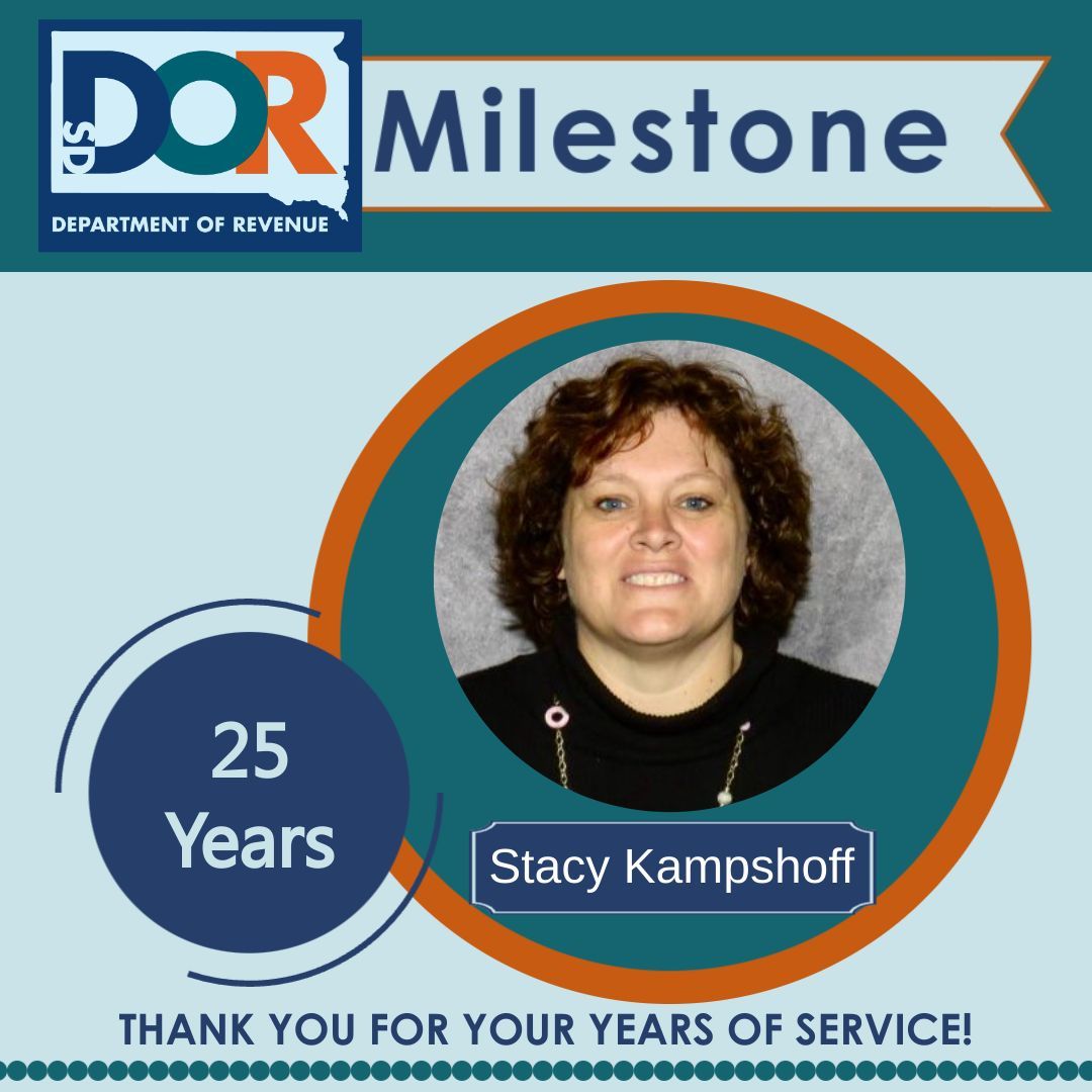 Thank you, Stacy, for 25 years of service! We appreciate your hard work and commitment to the Department of Revenue! #MilestoneMonday #SDDOR