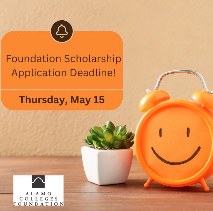 IT'S TIME! The Alamo Colleges Foundation Scholarship application closes on May 15th! ⏰ Students enrolling at any of the Alamo Colleges for Fall 2025 can submit ONE application to be considered for ALL scholarships. 

To learn more, visit alamo.edu/foundation/sch…

#alamoproud