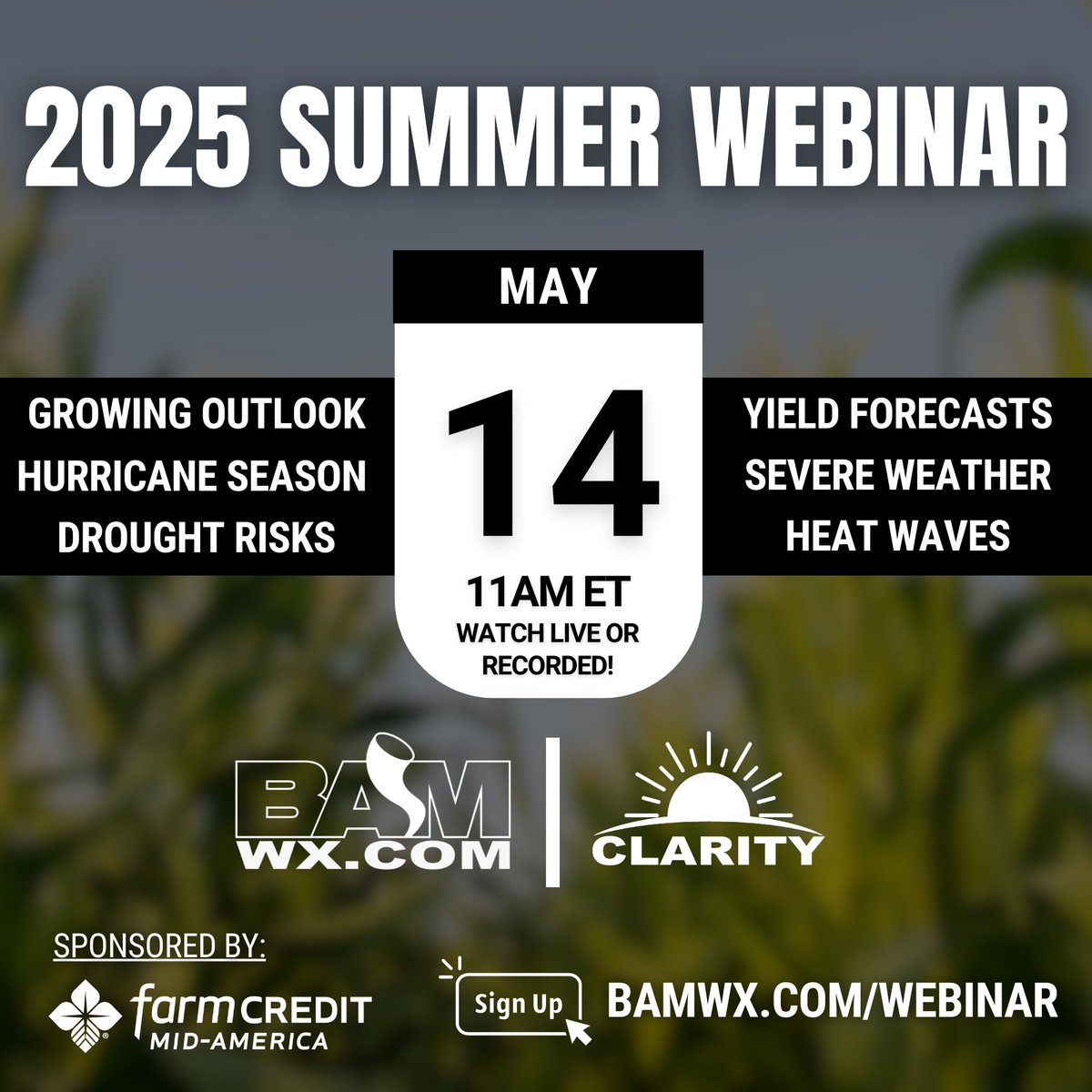 Farm Credit Mid-Am (@farmcreditmid) on Twitter photo A reminder to join <a href="/bam_weather/">BAM Weather</a> this Wednesday for the official North America Growing Season Forecast as they analyze temperatures, precipitation, drought and more. Preview harvest season and what to prepare for. Come, join, ask questions!
Register 👉 bit.ly/4jyDta7 A reminder to join <a href="/bam_weather/">BAM Weather</a> this Wednesday for the official North America Growing Season Forecast as they analyze temperatures, precipitation, drought and more. Preview harvest season and what to prepare for. Come, join, ask questions!
Register 👉 bit.ly/4jyDta7