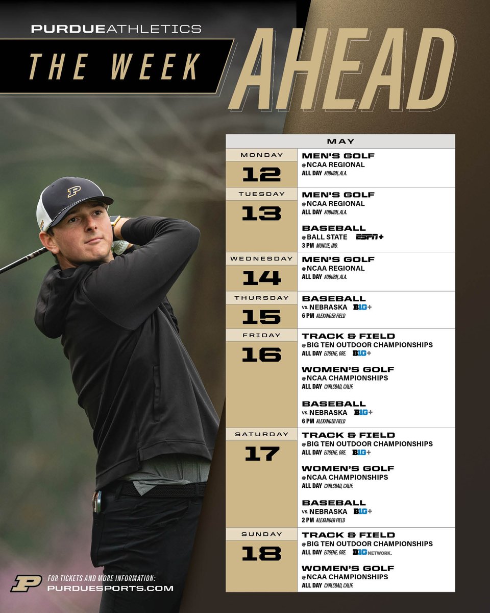 Spring SZN rolls on...

⛳️ NCAAs for Men's and Women's Golf
⚾️ Baseball's final home series
🏃 B1G Track &amp; Field Outdoor Championships

Let's have a week! #BoilerUp