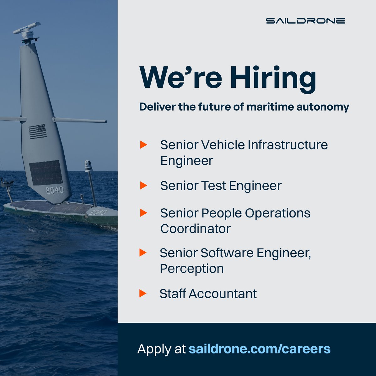 Saildrone is on a mission to change how the world sees the ocean. If you're passionate about defense, data, and AI—we’re hiring.

Find these open positions and more at saildrone.com/careers