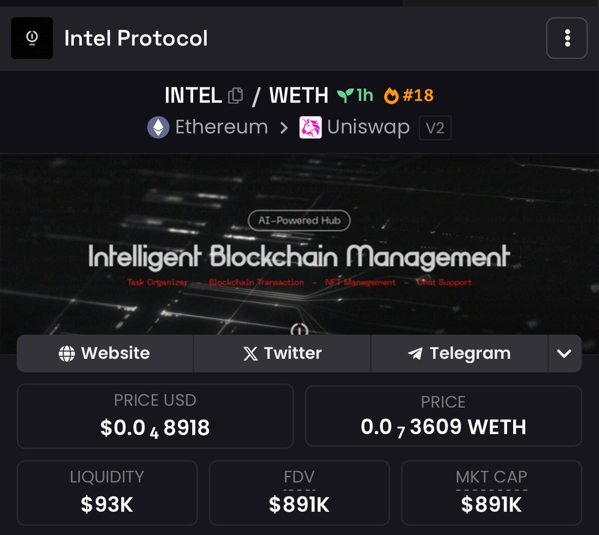 Yo yo doge fam [ POTENTIAL GAMBLE ] 

DOGE sniffed another AI play that could be good ie $INTEL as good utilities rolling out and with ETH it goes crazy 

Intel is an AI-Powered Hub for Intelligent Blockchain Management.

dexscreener.com/ethereum/0x235…
