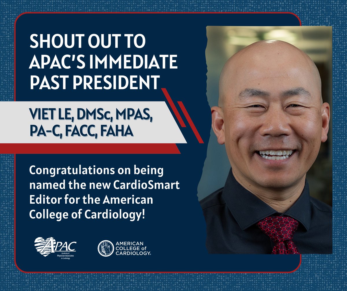 APAC (@apac_cardiology) on Twitter photo Big congrats to APAC's immediate past president, Viet Le, DMSc, MPAS, PA-C, on being named the new 𝗘𝗱𝗶𝘁𝗼𝗿 𝗼𝗳 𝗖𝗮𝗿𝗱𝗶𝗼𝗦𝗺𝗮𝗿𝘁 𝗯𝘆 <a href="/ACCinTouch/">American College of Cardiology</a>! A huge win for patient-centered care. 🙌
Read ACC's announcement: linktr.ee/academyofpasin…
#PAsDoThat #Cardiology Big congrats to APAC's immediate past president, Viet Le, DMSc, MPAS, PA-C, on being named the new 𝗘𝗱𝗶𝘁𝗼𝗿 𝗼𝗳 𝗖𝗮𝗿𝗱𝗶𝗼𝗦𝗺𝗮𝗿𝘁 𝗯𝘆 <a href="/ACCinTouch/">American College of Cardiology</a>! A huge win for patient-centered care. 🙌
Read ACC's announcement: linktr.ee/academyofpasin…
#PAsDoThat #Cardiology
